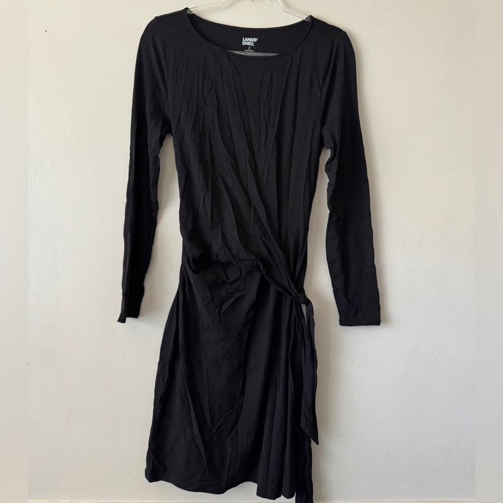 Lands' End Black Asymmetrical Ruched Long Sleeve Dress